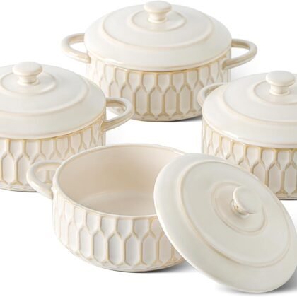 Mini Cocotte Set-14 OZ Small Casserole Dishes with Lids and Handles, Individual Ceramic Baking Ramekins for Lasagna, Soufflé, Soup,Oven, Microwave & Dishwasher Safe,set of 4, Beige