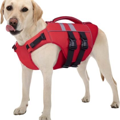 Kuoser XL Dog Life Jacket, Large High Flotation Dog Life Vest for Swimming Boating, Reflective Dog Swimming Vest Pet Life Preserver with Rescue Handle, Red XL
