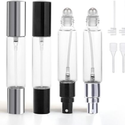 YOCASII 4PCS Dual-Head Travel Perfume Bottle with Spray & Roller Balls for Essential Oils, 10ml Glass Perfume Travel Refillable Bottles and Roll on Bottles for Facial Care with Funnel Tool