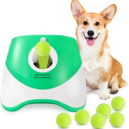 Automatic Dog Ball Launcher, Balls Thower with 6 Mini Tennis Balls, Interactive Dog Toys Indoor Outdoor Ball Thrower Machine for Small Dogs with 3 Distance Settings (Green)