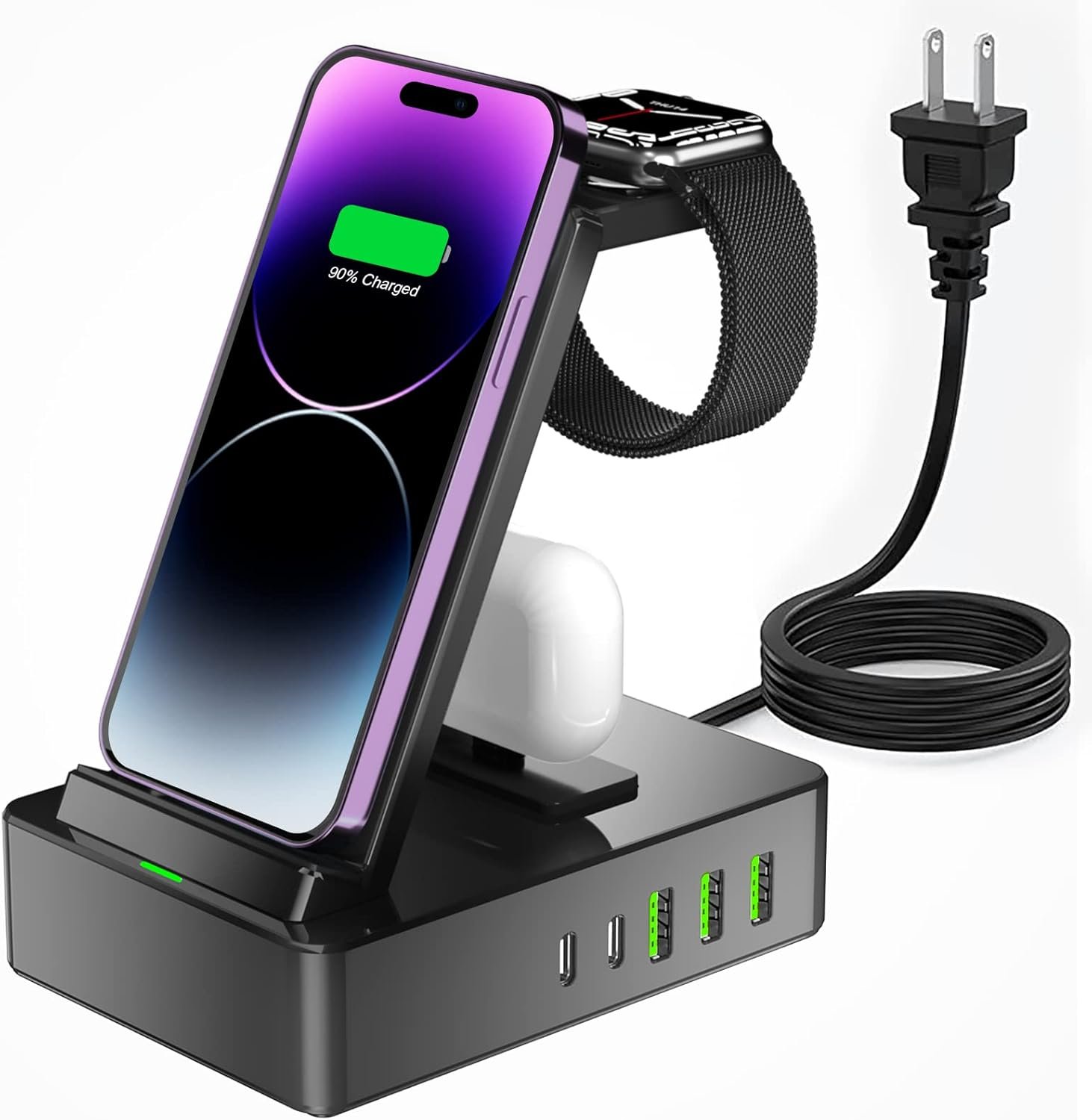 8 in 1 Wireless Charging Station, 100W USB C 2 Ports, Aluminum Alloy Cell Phone Charging Station Compatible with iPhone Series, iWatch, AirPods Pro
