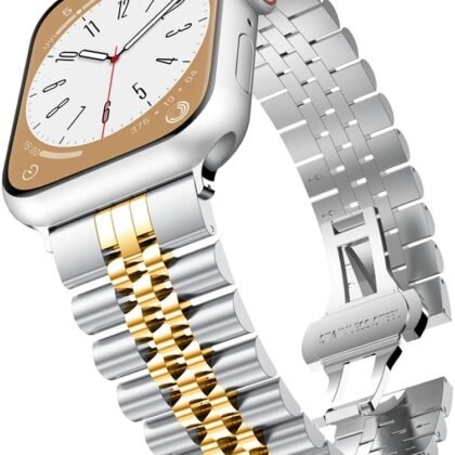 baozai Compatible with Apple Watch Band Ultra 3 Ultra 2 Ultra 46mm 45mm 44mm, iWatch Series 11-1 SE3 Stainless Steel Strap with Butterfly Folding Clasp for Men, Silver/Gold