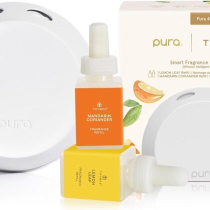 Thymes x Pura 4 - Smart Home Fragrance Diffuser Kit - Includes 1 Pura Diffuser + 2 Fragrance Refill Vials - Long Lasting Scents - LED Light - 2.4 GHz WiFi Required (Mandarin Coriander & Lemon Leaf)