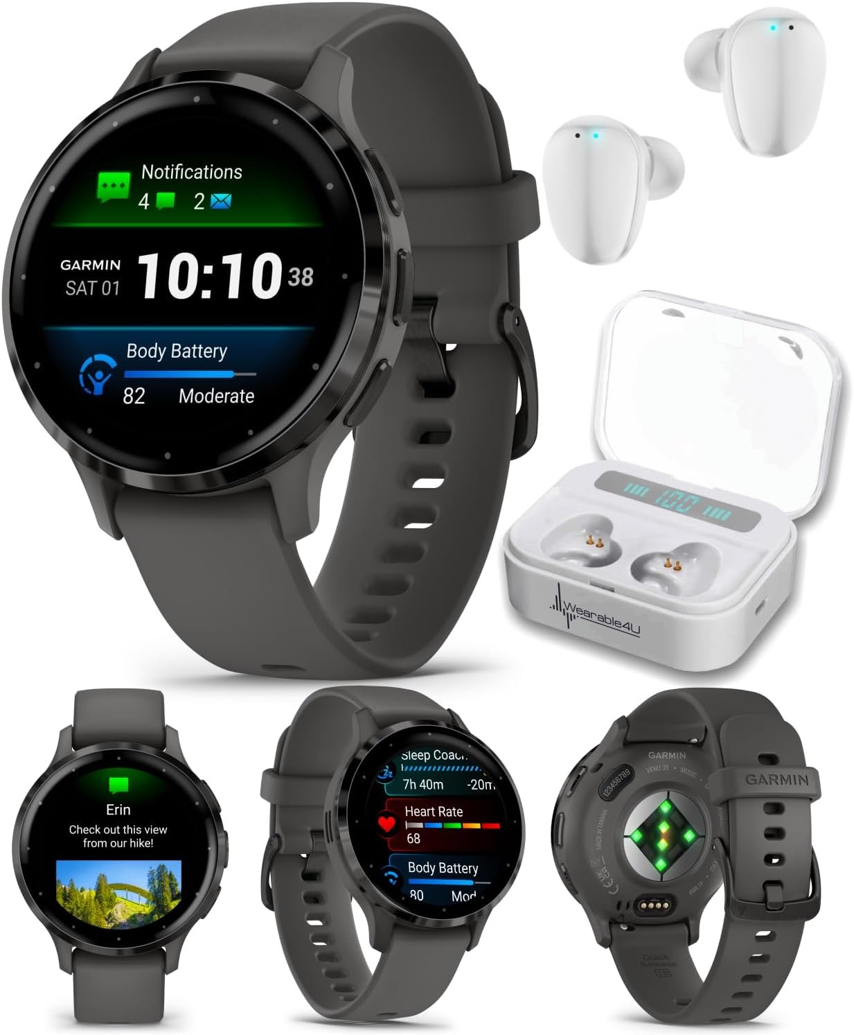 Wearable4U - Garmin Venu 3S GPS Smartwatch AMOLED Display 41mm Watch, Health and Fitness Features, Up to 10 Days of Battery, Sleep Coach, Pebble Gray with White Earbuds Bundle