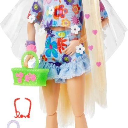 Barbie Extra Doll and Accessories with Extra-Long Blonde Hair Wearing Floral Outfit & Poncho with Pet Bunny