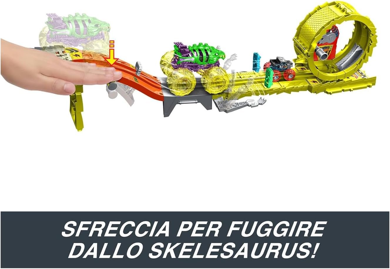 Hot Wheels Monster Trucks Track Set with 2 Toy Trucks: Oversized Skelesaurus & 1:64 Scale Bone Shaker, Charge & Chase Challenge with 2 Crushed Cars - Image 5
