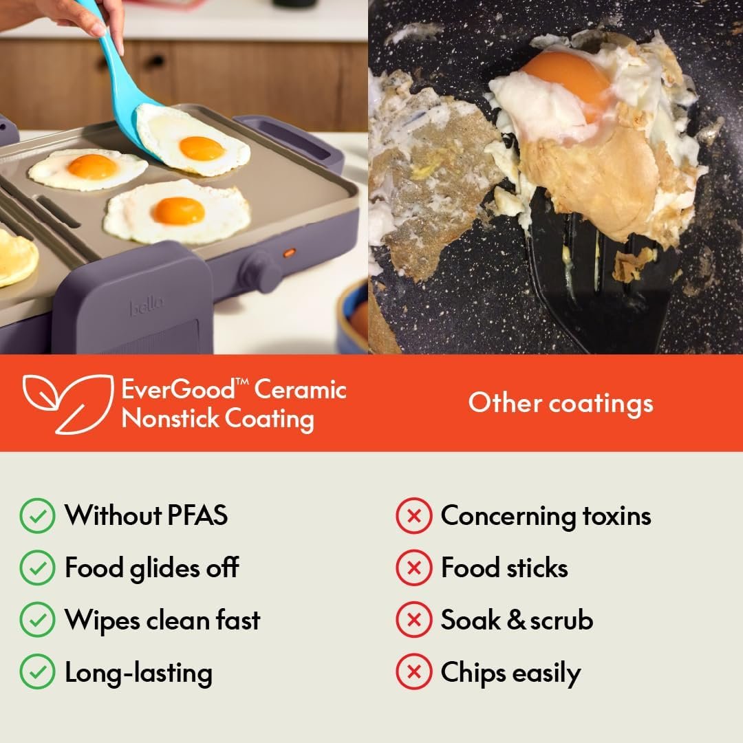 bella 10"x 20" Ceramic Fold-n-Store Dual Temp Griddle, Fits-anywhere Kitchenware, EverGood Ceramic Nonstick Coating, 2 Temperature Zones up to 400°F, Dishwasher Safe Drip Tray, 1500 Watt, Plum - Image 7