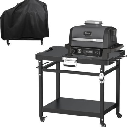 Universal Grill Stand for Ninja Woodfire Outdoor Grills,Portable Foldable Grill Cart Table for XSKUNSTAND OG700 OG800 OG900 OO101 SER Smoker Pizza Oven Accessories with 4 Wheels & Cover