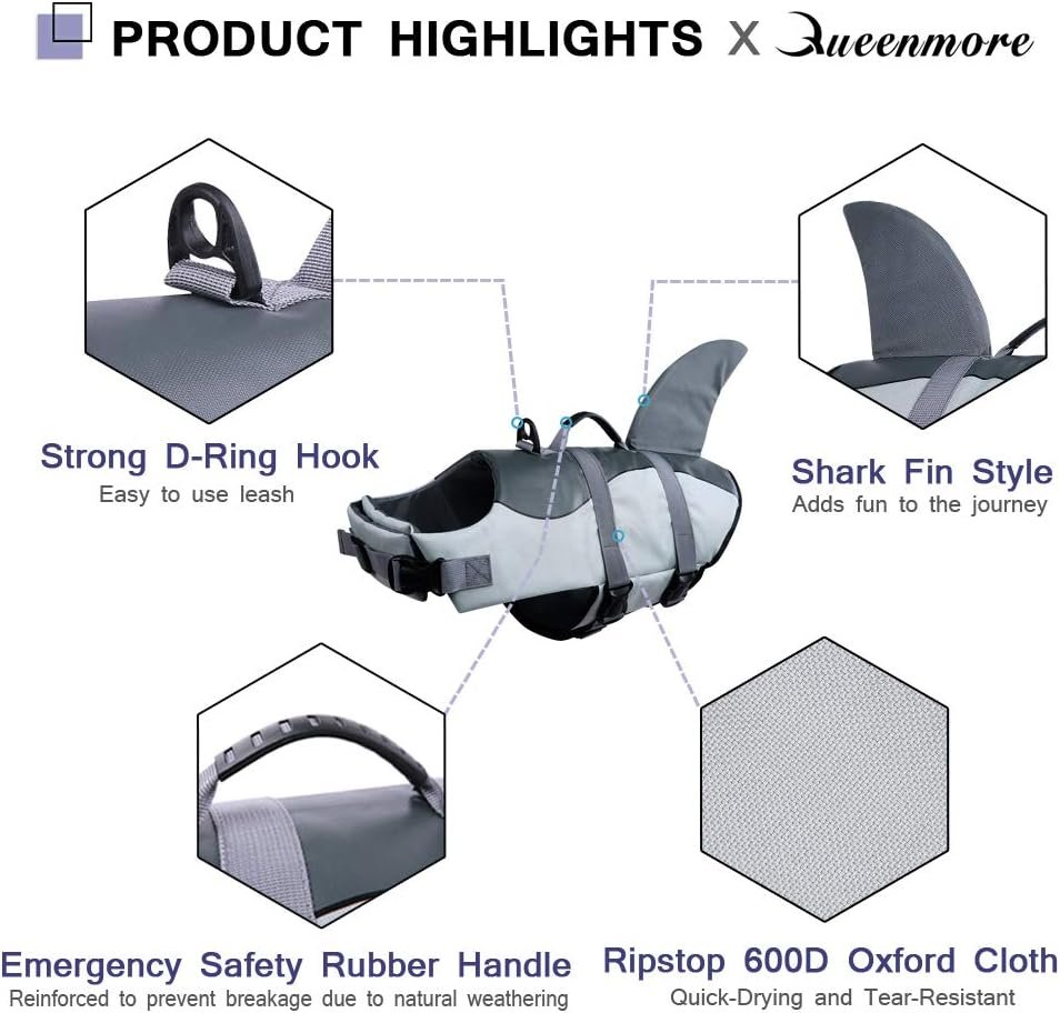 Queenmore Dog Life Jacket Ripstop Dog Safety Vest Adjustable Preserver with High Buoyancy and Durable Rescue Handle for Small,Medium,Large Dogs, Grey Shark X-Large - Image 4