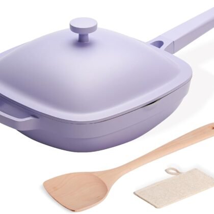 10.5 Inch(3.8QT) Ceramic Pan with Lid,Non Stick Frying Pans Cast Aluminum Deep Sauté Pans,Ti-Ceramic Non Toxic Pix Pan with Wooden Spatula and Scrubber-Dusk Petal