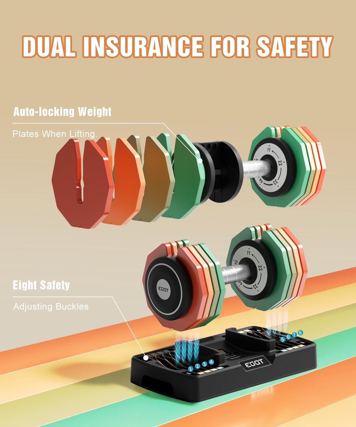 Adjustable Dumbbells Set/Single, 12.5LB/22.5LB/55LB 5 in 1 Free Adjustable Dumbbell Set with Anti-Slip Handle & Rainbow-colored Weight Plates for Home Gym, Weight Set for Women Men - Image 4