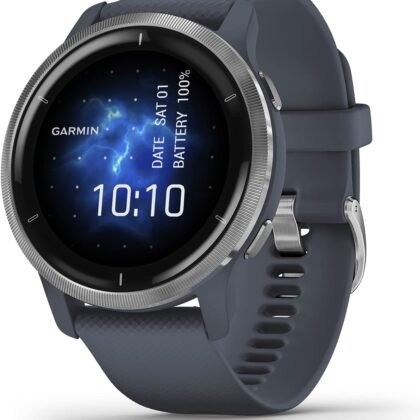 Garmin Venu 2 (Renewed), GPS Smartwatch with Advanced Health Monitoring and Fitness Features, Silver Bezel with GraniteBlue Case and Silicone Band