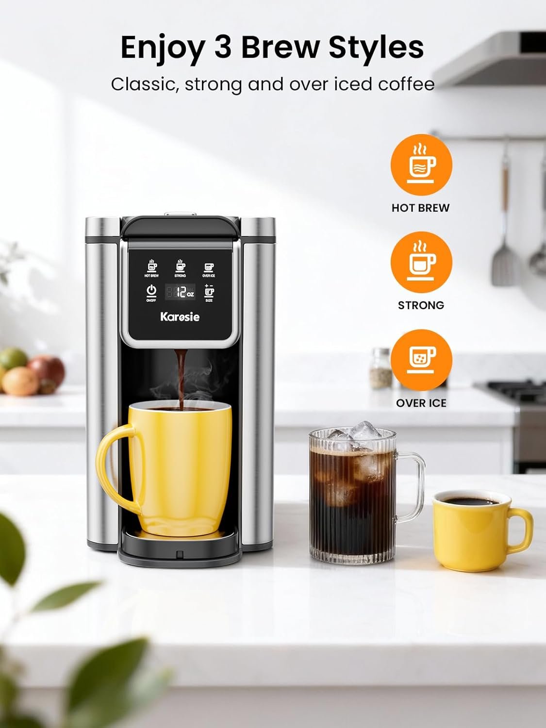 Karosie K Cup Coffee Maker with Strong Brew Setting, 50oz Removable Tank, 6-14 oz Brew Sizes Hot & Iced Coffee Machine for K-Cup and Grounds, Descaling Reminder, Stainless Steel,Black - Image 5