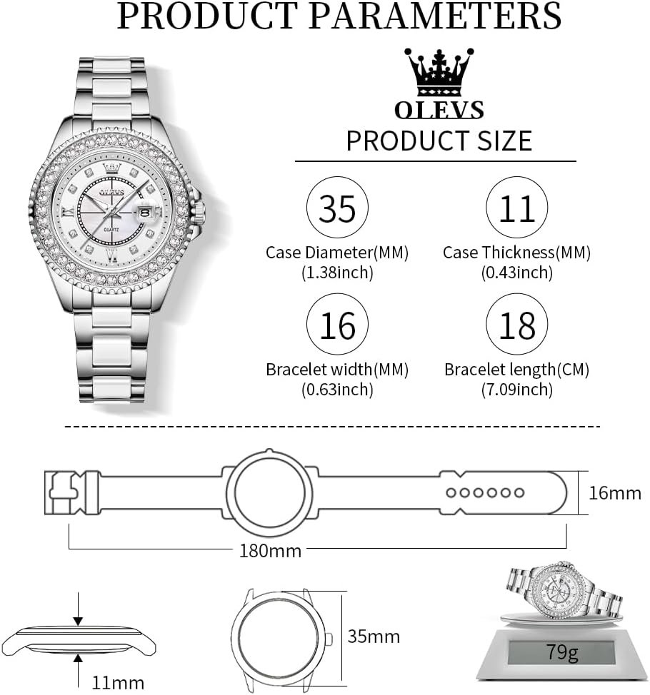 OLEVS Watches for Women Diamond with Date Luxury Leather Female Waterproof Women Wrist Watch Analog Dress Stainless Steel Ladies Watch Luminous Calendar Women Watch Green/Silver/Red Dial - Image 6