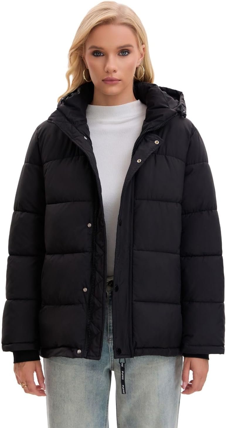 PUFFIT Women Mid Lenth Puffer Jacket, Warm Thicken Hooded Winter Coats, Windproof Long Sleeve & Hood,3 Pockets - Image 2
