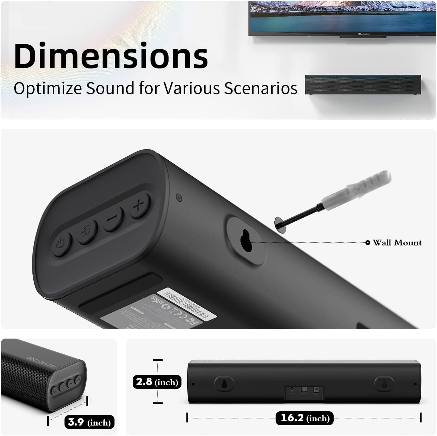 Sound Bars for TV 16-inch, Cinematic TV Sound Bar with Impactful Bass, Bluetooth Soundbar for TV with Remote Control, Wall Mountable TV Speakers Sound Bar Work with Traditional or Smart TV - Image 6
