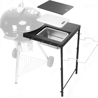 All-in-One Grill Table for Weber Kettle 22"/18"/26" & Smokey Mountain, Recteq Pellet Grill RT-B380, Prep Station with Cutting Board, Basin, 4 Hooks, Heavy-Duty Steel Side Shelf for Outdoor Cooking