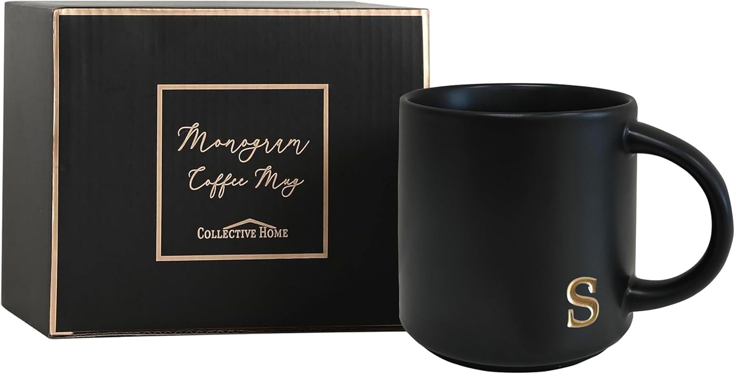 COLLECTIVE HOME - Black Monogram Ceramic Mugs, 15 oz Golden Initial Coffee Cups, Elegant Alphabet Tea Mugs, Personalized Halloween Mug with Gift Box, Perfect for Office and Home Décor (s) - Image 2