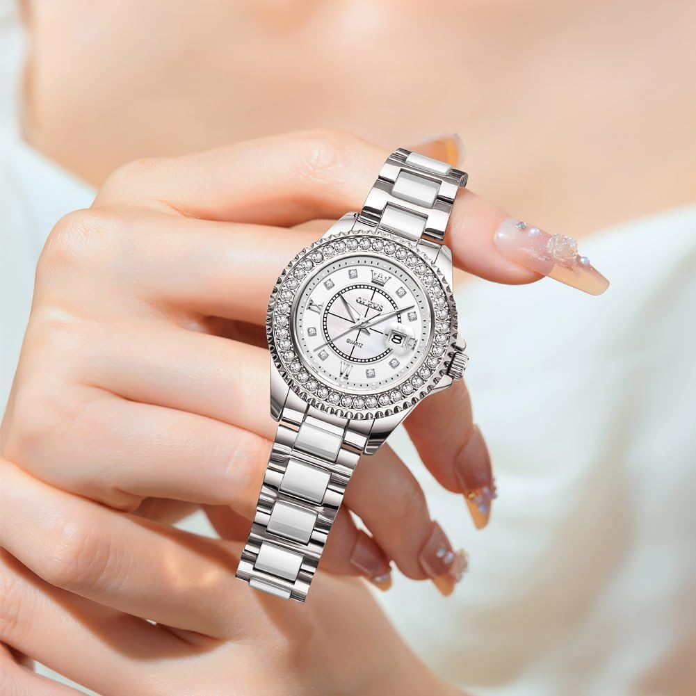 OLEVS Watches for Women Diamond with Date Luxury Leather Female Waterproof Women Wrist Watch Analog Dress Stainless Steel Ladies Watch Luminous Calendar Women Watch Green/Silver/Red Dial - Image 8