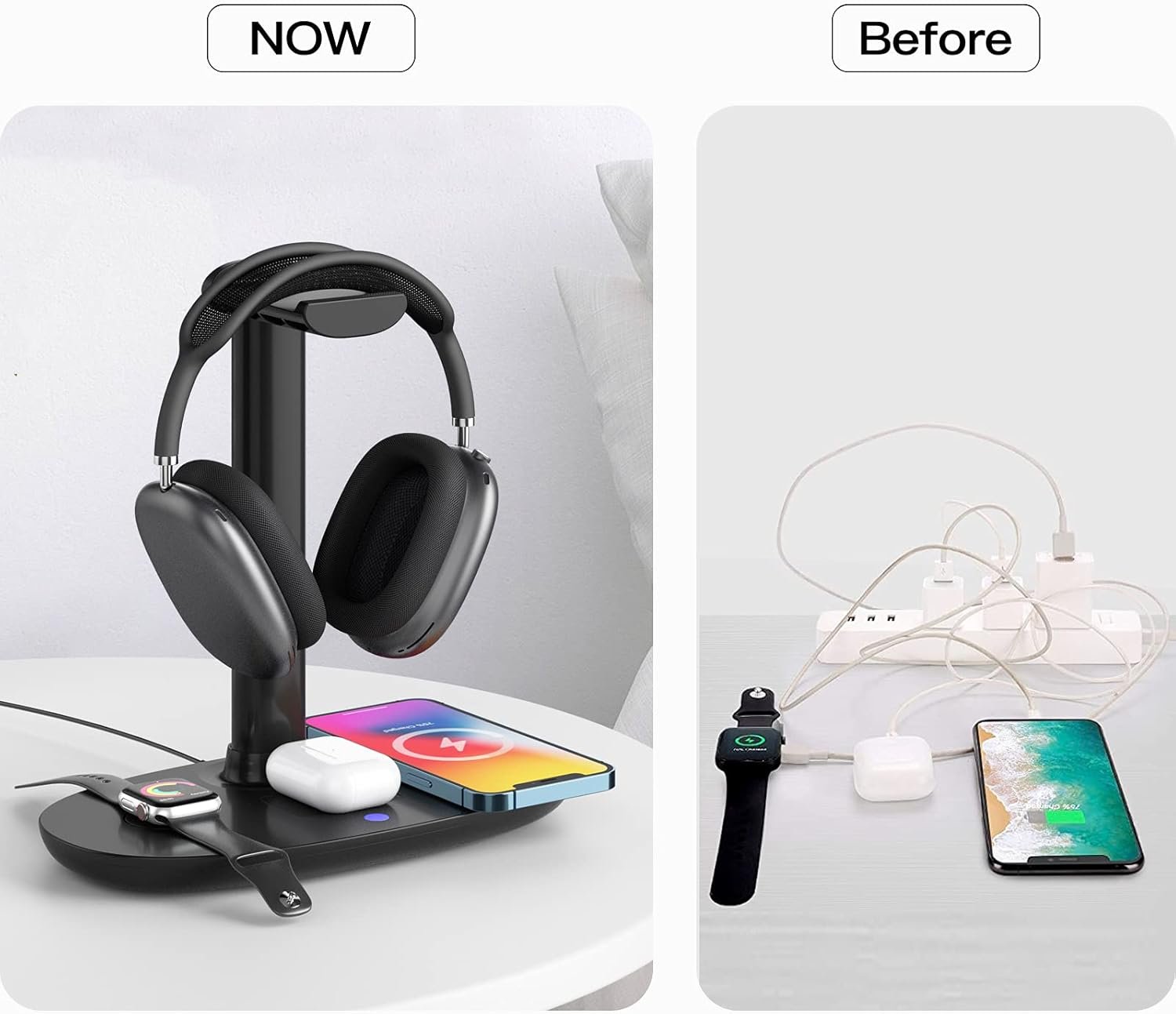 Headphone Stand with 15w Wireless Charger, Suguder 4 in 1 Charging Station Headset Holder for AirPods Max/Pro/4/3/2 iWatch 10/9/8/7/6/5/4/3/2/1/SE iPhone 17/16/15/14/13/12/11/X for Desktop Table Game - Image 7