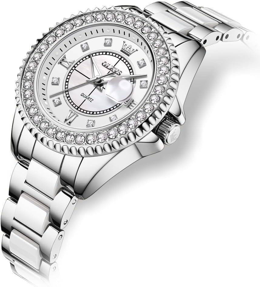 OLEVS Watches for Women Diamond with Date Luxury Leather Female Waterproof Women Wrist Watch Analog Dress Stainless Steel Ladies Watch Luminous Calendar Women Watch Green/Silver/Red Dial - Image 7