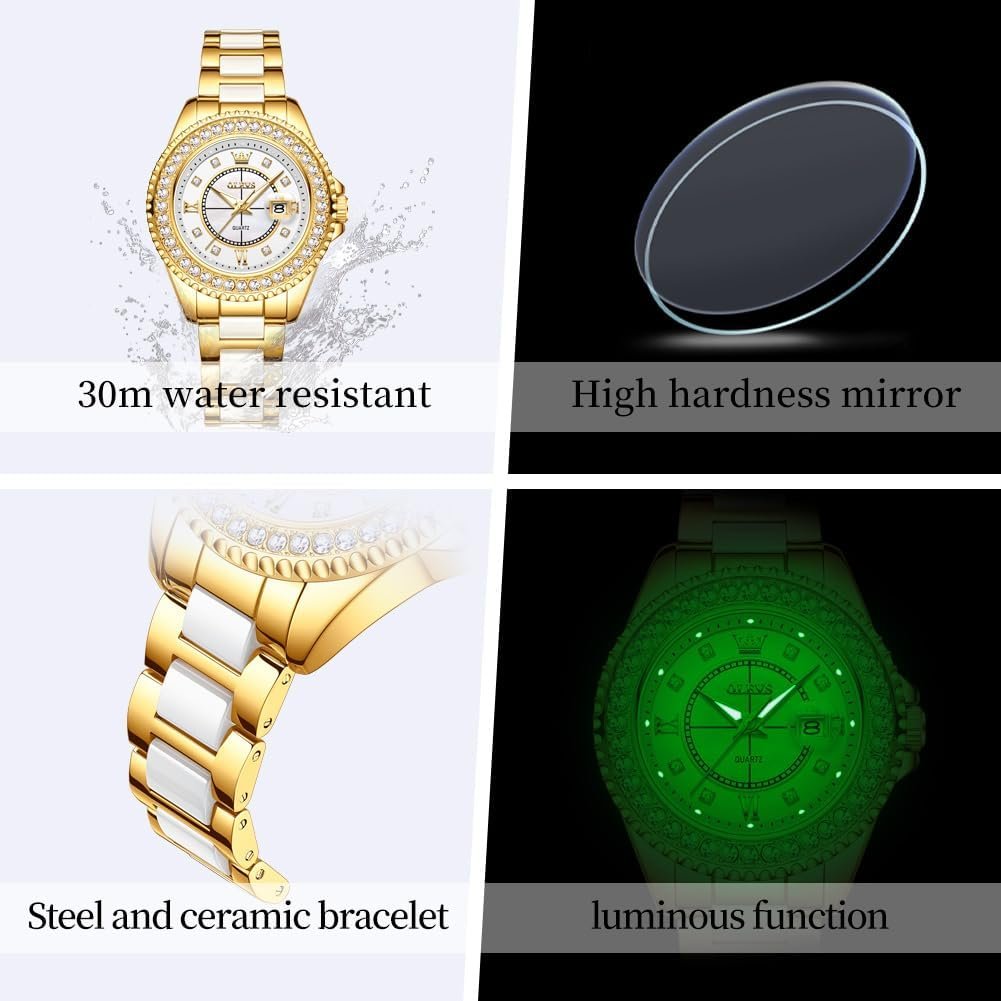 OLEVS Watches for Women Diamond with Date Luxury Leather Female Waterproof Women Wrist Watch Analog Dress Stainless Steel Ladies Watch Luminous Calendar Women Watch Green/Silver/Red Dial - Image 7
