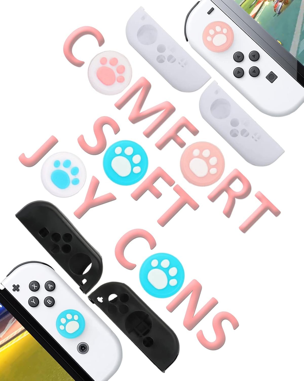 Switch OLED Accessories - Family Bundle Accessories for Nintendo Switch OLED, Carry Case& Screen Protector,4 Pack Joy Con Grips and Steering Wheels, Case Cover,Stand Mount,Joy Con Charger and More - Image 3