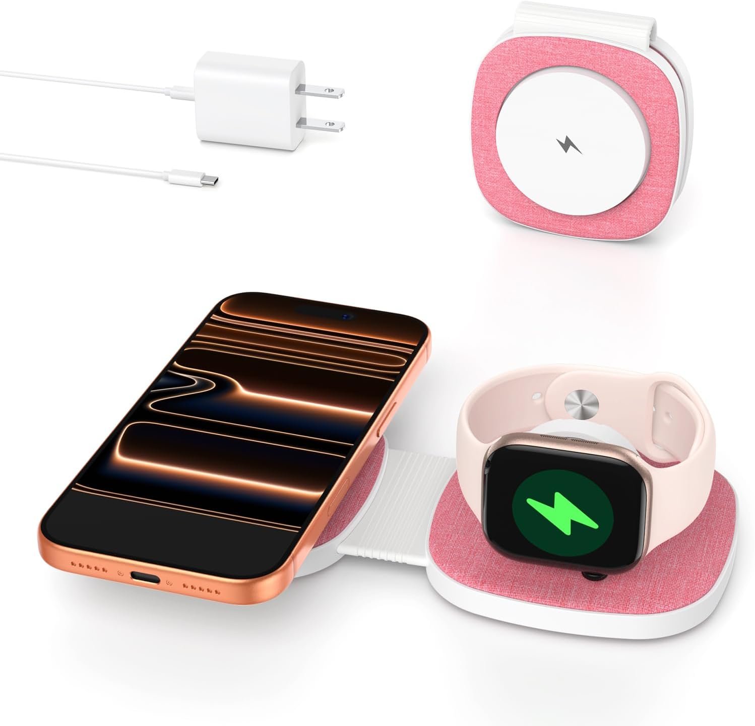 Flodable 2 in 1 Mag-Safe Wireless Charger for iPhone 16 15 14 13 12 Series,Apple Watch Series/Ultra/SE,Airpods/Pro,Portable Magsafe Charger 3 in 1 Wireless Charging Station (Pink with 20W PD Charger)