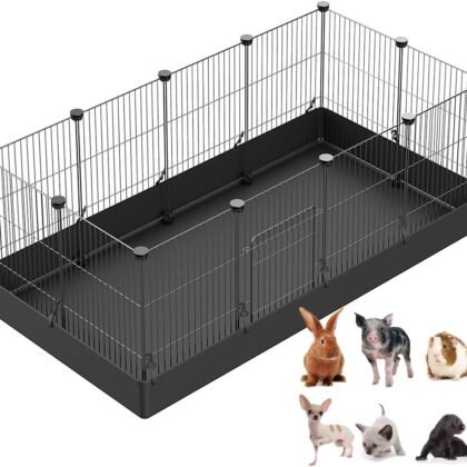 LANGXUN DIY Small Animal Playpen, Pet Playpen with Door and Waterproof Mat, Rabbit Guinea Pig Cages, Puppy Kitten Playpen | Indoor & Outdoor Portable Metal Wire Yard Fence, 12pcs Metal Pet Panels