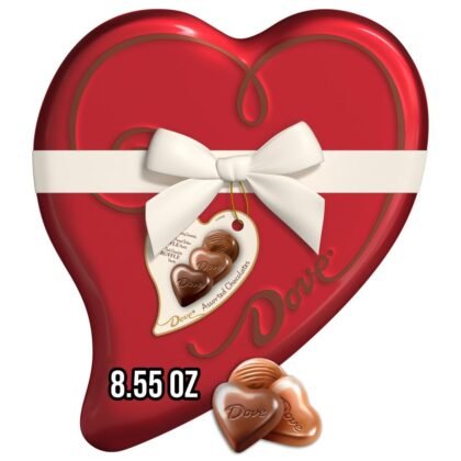 DOVE Assorted Valentine's Day Dark Chocolate and Milk Chocolate Truffles, Valentines Chocolate Candy Chocolates including Peanut Butter and Caramel Candies, 8.55 oz Heart Tin