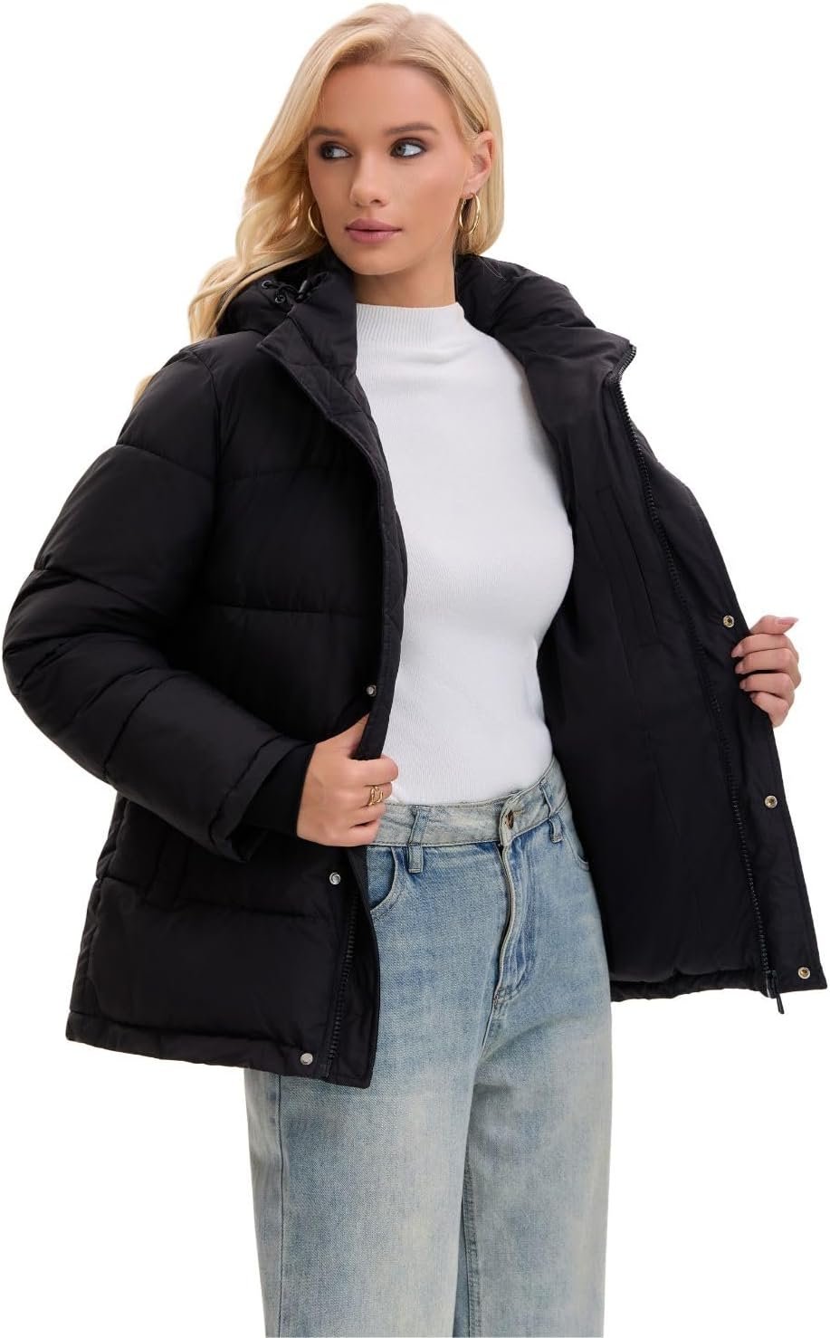 PUFFIT Women Mid Lenth Puffer Jacket, Warm Thicken Hooded Winter Coats, Windproof Long Sleeve & Hood,3 Pockets - Image 3