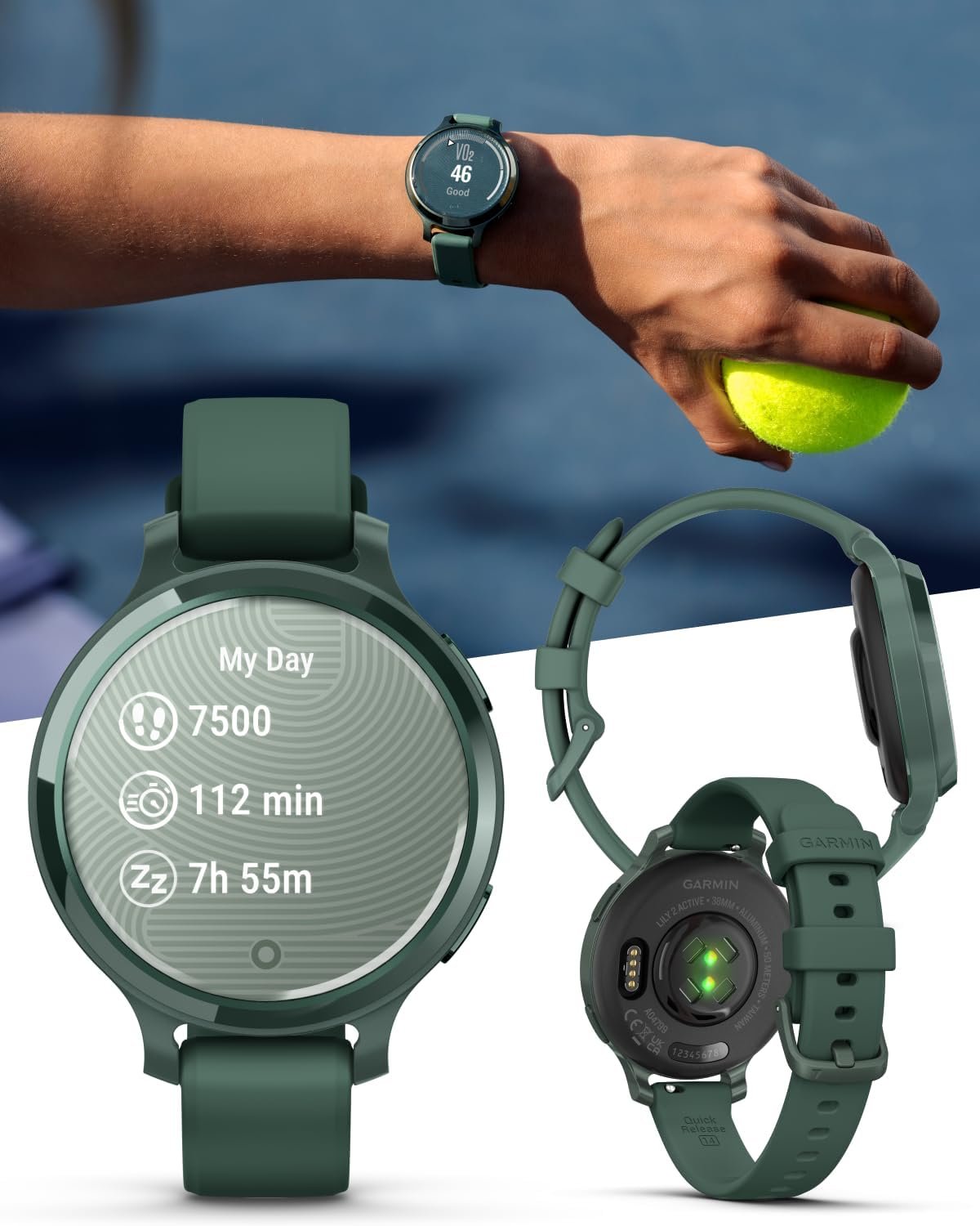 Wearable4U Garmin Lily 2 Active, Jasper Green with Jasper Green Silicone Band, Smartwatch, Built-in GPS, Hidden Display, Patterned Lens, Up to 9 Days Battery Life w White Earbuds Bundle - Image 3