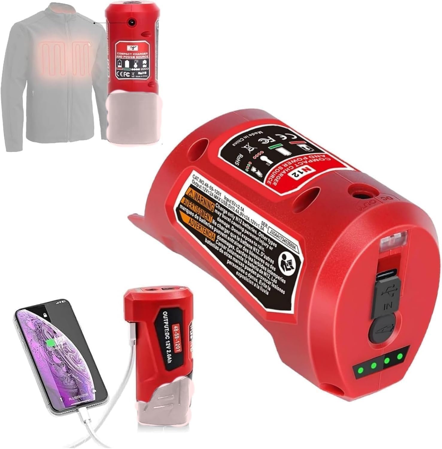 for Milwaukee M-12 12V Power Source Adapter with USB & Type C DC Port, Heated Jacket Charger Adapter for Milwaukee M-12 Battery 48-11-2420 48-11-2411 48-11-2401