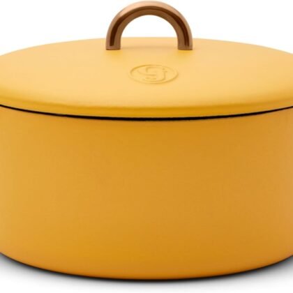 Great Jones Dutch Baby Dutch Oven with Lid (Mustard, 3.5-Quart) | Enameled Cast Iron, Round Shape | Safe for Stovetops & Ovens up to 500°F | Space-Saving & Dishwasher-Friendly | Small-Batch Cooking