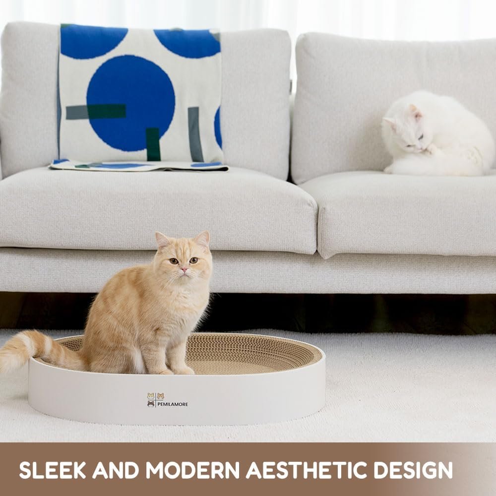 Cat Scratcher Cardboard Bed for Indoor Cats – Large (24.4x17.7x3.9in), Lounger, Round, Reversible, Durable, Protects Furniture, Cat Bowl & Scratching Pad, Safe with Cornstarch Glue - Image 8