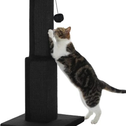 PAWZ Road Large Cat Scratching Post 32” Tall Black Scratching Post for Indoor Cats Adults Ultimate Scratch Post with Woven Sisal, Large Base and Removable Dangling Ball- Black