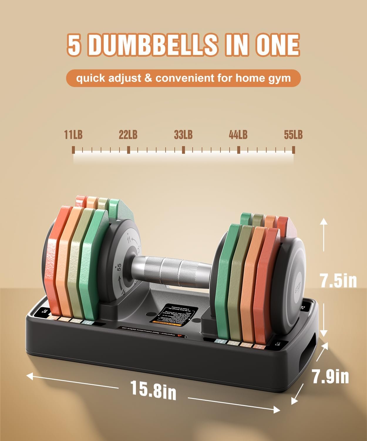 Adjustable Dumbbells Set/Single, 12.5LB/22.5LB/55LB 5 in 1 Free Adjustable Dumbbell Set with Anti-Slip Handle & Rainbow-colored Weight Plates for Home Gym, Weight Set for Women Men - Image 9
