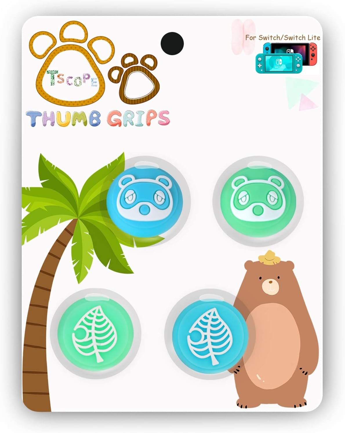 Tscope Cute Thumb Grip Caps for Nintendo Switch/Lite/OLED Controller, for Animal Crossing Kawaii Leaf Joystick Analog Soft Silicone Button Stick Covers for NS Joy Cons (Leaf Raccoon) - Image 7