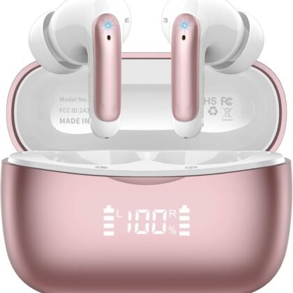 Wireless Earbuds, HiFi Stereo Bluetooth 5.3 Headphones Noise Canceling with 4 ENC Mic, 56H Playtime Wireless Earphones with LED Display, IP7 Waterproof In Ear Headphones, Ear Buds for Android iOS.Pink