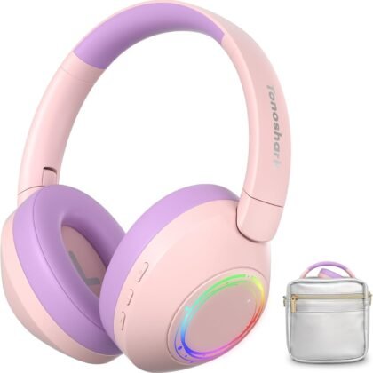 Noise Cancelling Headphones for Kids,Colorful RGB LED Lights, 60H Playtime, Bluetooth 5.4 Wireless Over-Ear Headset Built-in Microphone for Home/School/Party- Includes Portable Case(Pink)