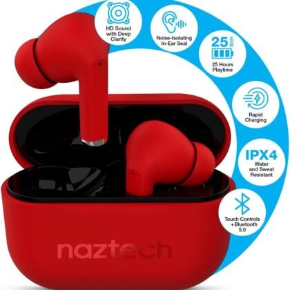 Naztech Xpods PRO Ear Buds - (Red) True Wireless Earbuds Noise Cancelling Earbuds Wireless Bluetooth Earphone for Gym Sound Cancelling in Ear Headphones Fitness Earphones Includes Charging Case