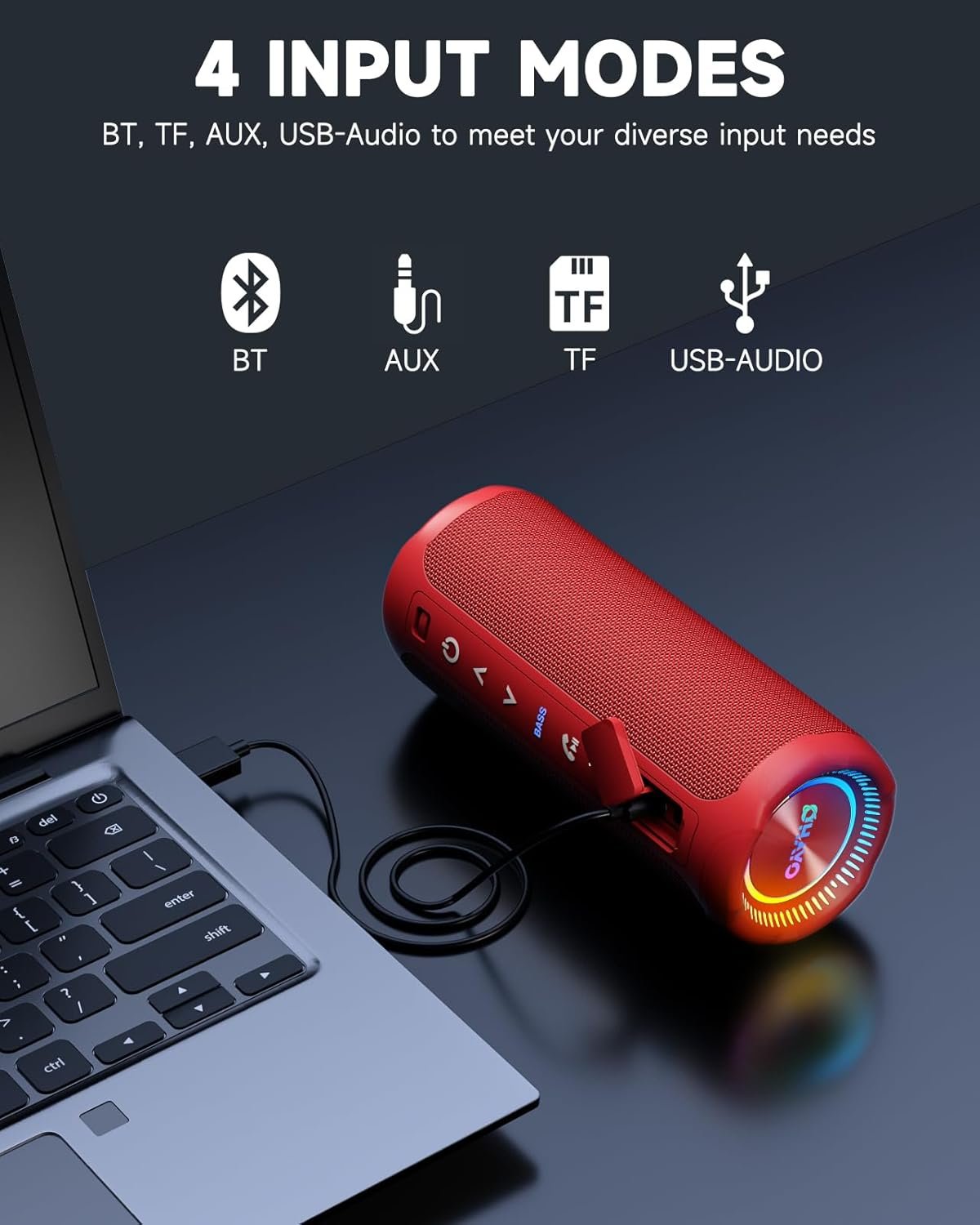 OHAYO Bluetooth Speaker, Portable Wireless, IPX7 Waterproof, Powerful 25W Sound, 24H Playtime, Dual Pairing, Active Bass, Colorful Lights, Bluetooth 5.3, Outdoor Speakers for Home/Party/Beach, Red - Image 7