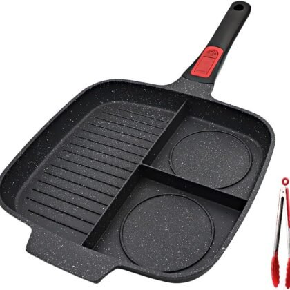 3 in 1 Grill Pan for Stove Tops with Detachable Handle, Nonstick Versatile Griddle Divided Pan, Square Skillet PFOA Free, Black