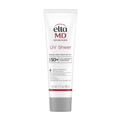 EltaMD UV Sheer Face and Body Sunscreen SPF 50+, Oil Free, No White Cast Sunscreen for Face and Body, Zinc Oxide Formula, 1.7 oz Tube