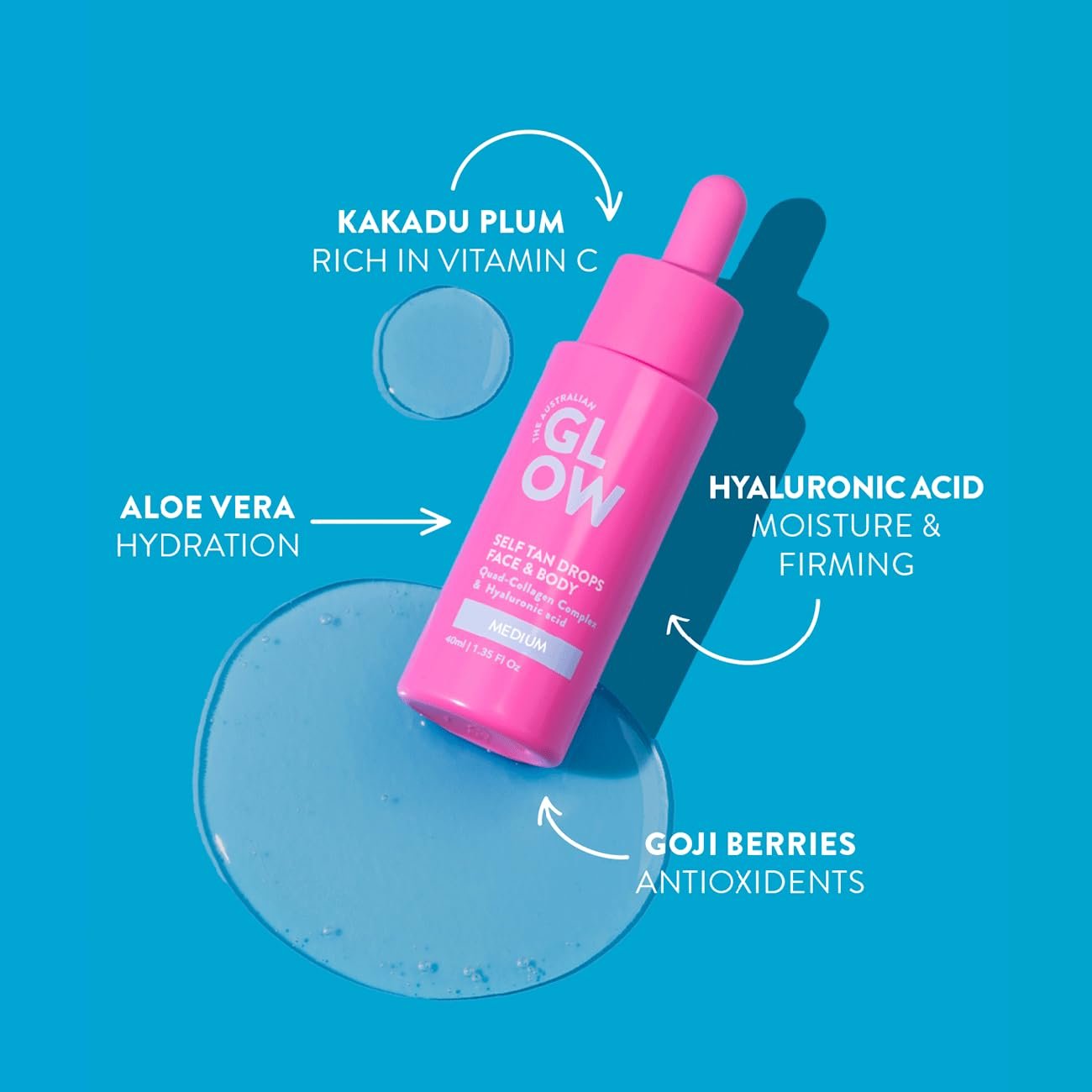 Australian Glow Self Tanning Drops With Hyaluronic Acid, for Face & Body, MEDIUM - 1.35 fl. Oz / 40ml - Image 2