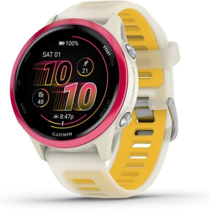 Garmin® Forerunner® 570, 42mm, Advanced GPS Running and Triathlon Smartwatch, AMOLED Display, Training and Recovery Features, Raspberry Aluminum with Translucent Bone/Mango Band