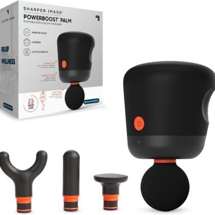Sharper Image Mini Massage Gun, Powerboost Palm Rechargeable Deep Tissue Percussion Handheld Massager, 4 Adjustable Speeds, 4 Attachment Heads, Full Body Muscle Pain Relief Gift, Black