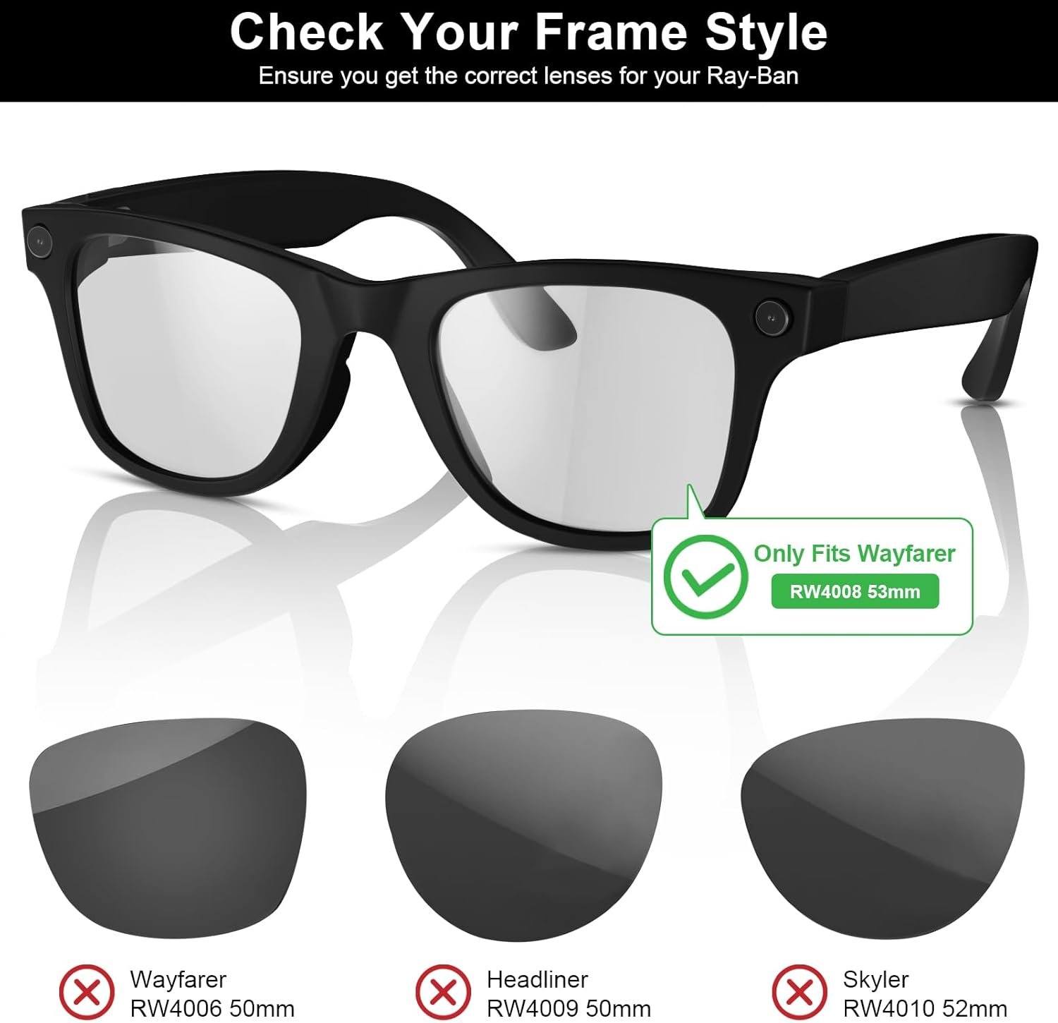 Replacement Lenses Compatible with Ray-Ban Meta Wayfarer RW4008 (53MM) Smart Glasses - Image 2