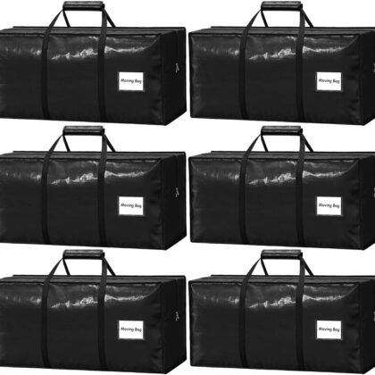 6 Pack Heavy Duty Moving Bags with Padded Wrap Around Handles-Strengthened Zipper Extra Large Storage Totes for Dorm College Clothes Black