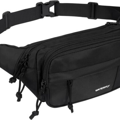 WATERFLY Fanny Pack Waist Packs: Large Crossbody Fanny Packs for Women Men with 5 Zipper Pockets Adjustable Strap Waist Bags Hip Pack for Traveling Cycling Running Hiking-Black